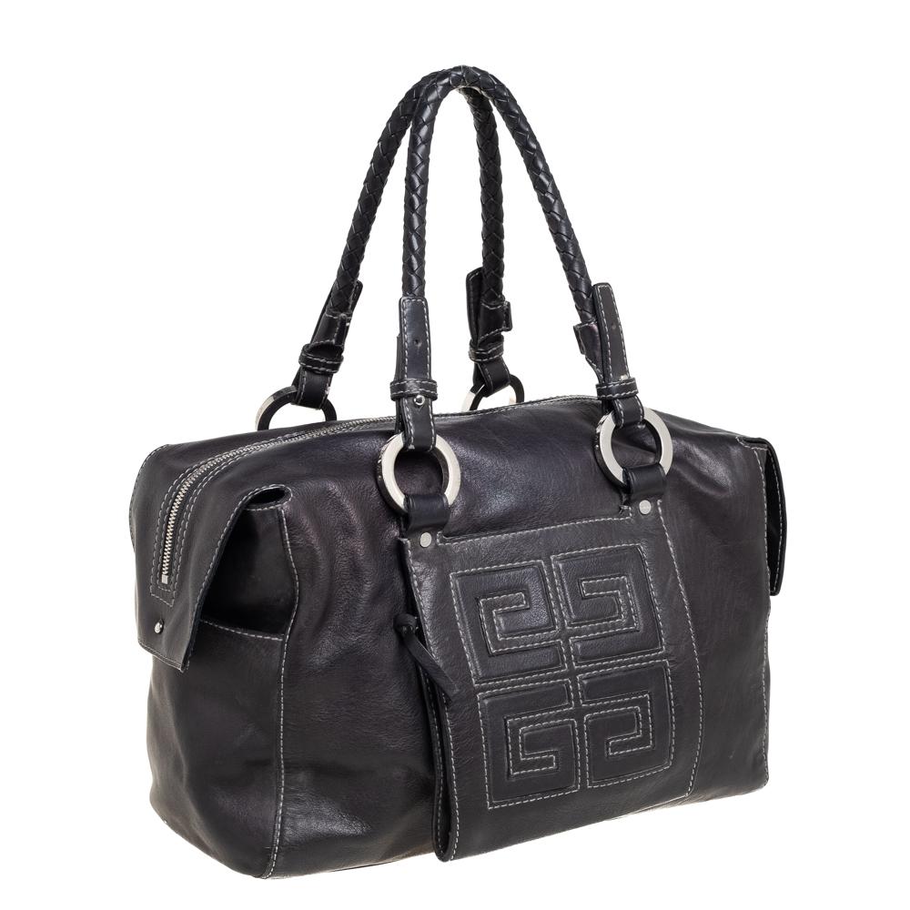 Givenchy Black Leather Logo Embossed Braided Handle Satchel In Good Condition In Dubai, Al Qouz 2