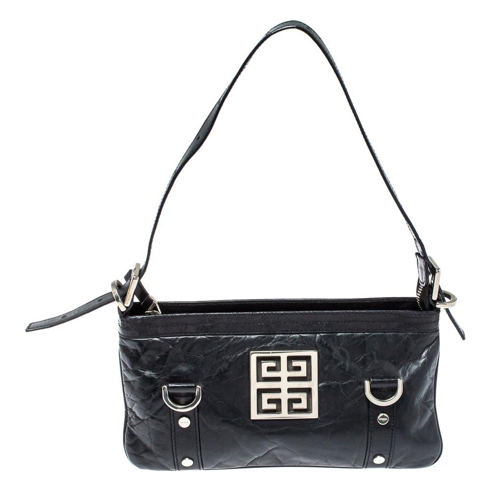 Givenchy Black Leather Logo Metal Baguette Shoulder Bag