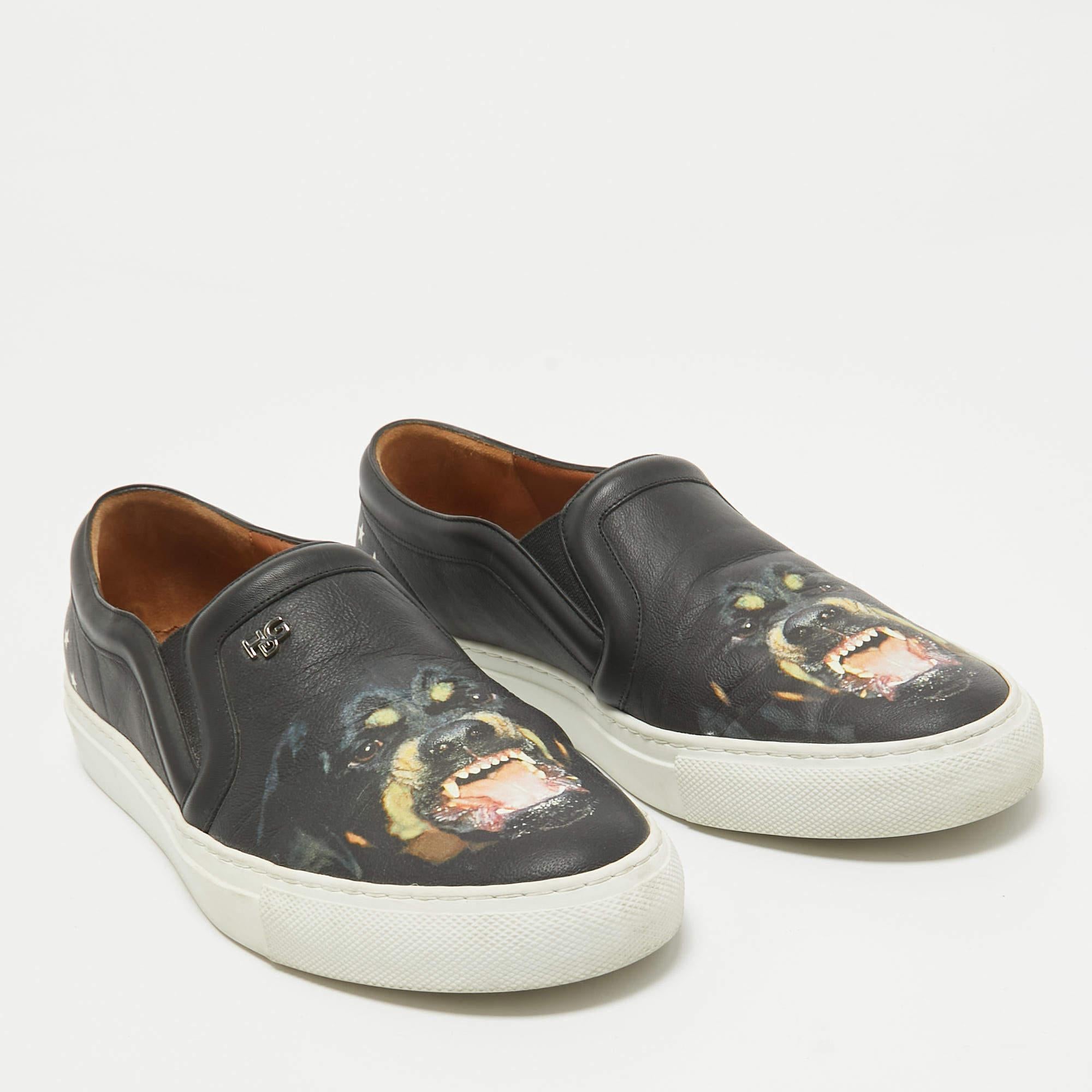Women's Givenchy Black Leather Printed Rottweiler Slip On Sneakers Size 38 For Sale