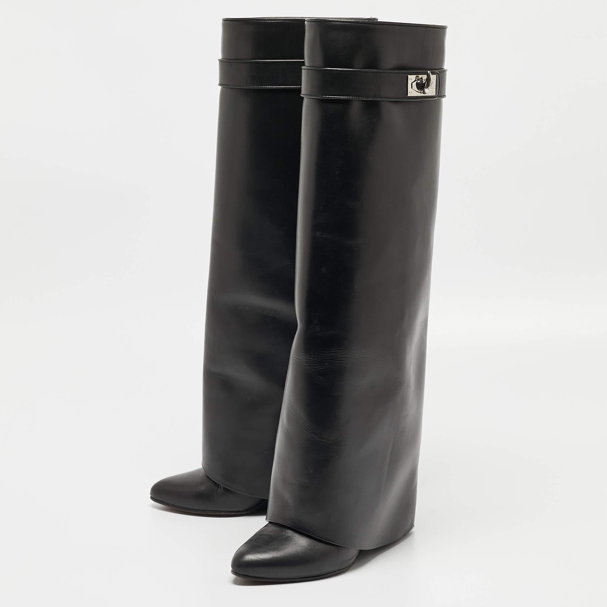 Women's Givenchy Black Leather Shark Lock Knee Length Boots Size 36.5 For Sale