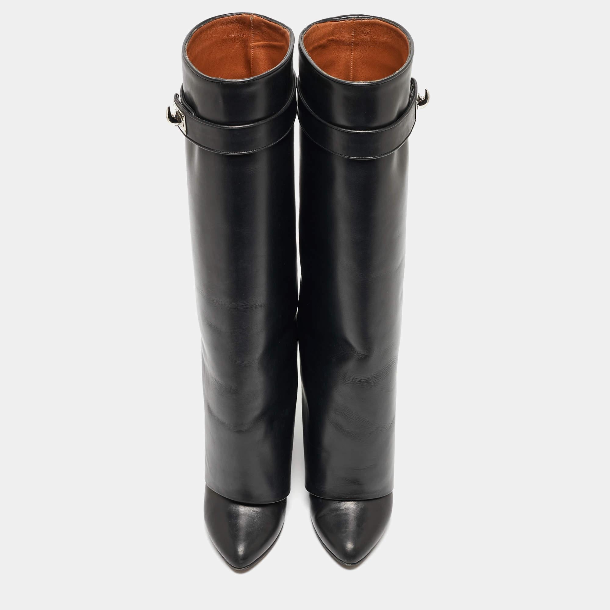 Givenchy Black Leather Shark Lock Knee Length Boots Size 36.5 For Sale 1