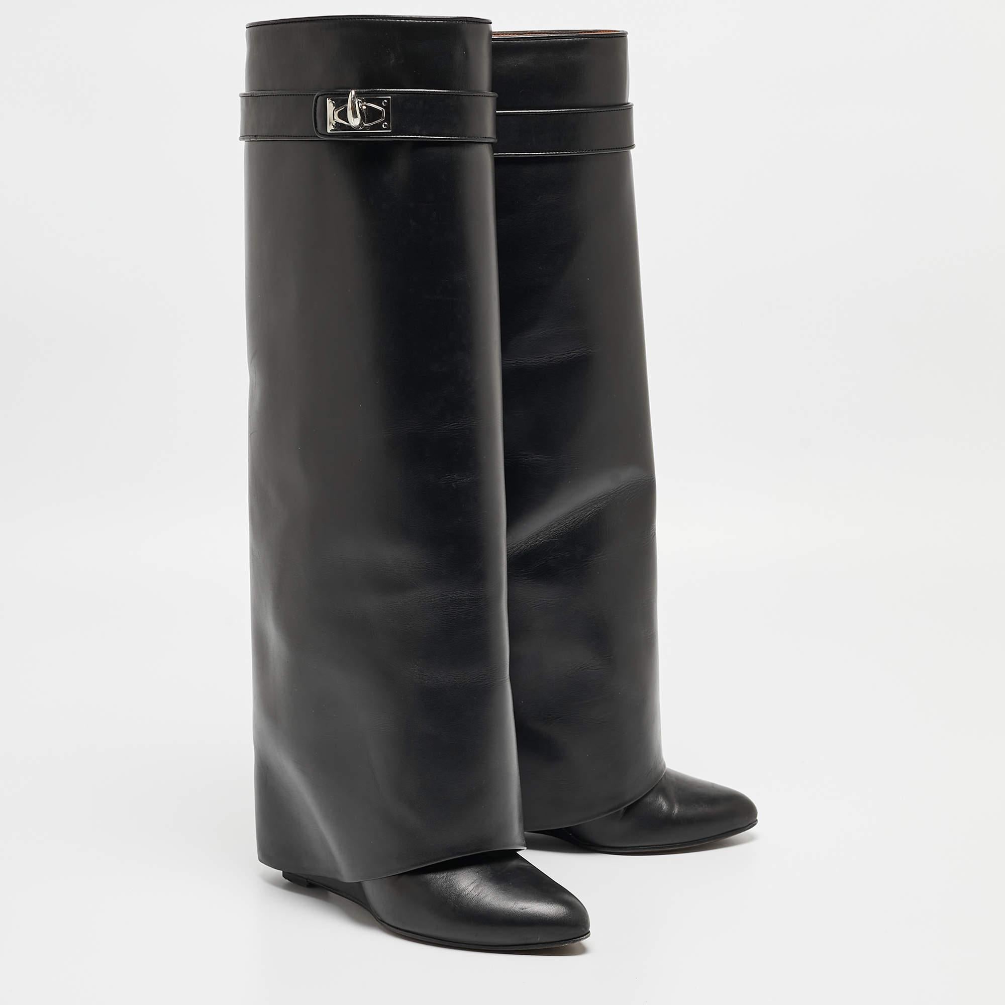 Givenchy Black Leather Shark Lock Knee Length Boots Size 36.5 For Sale 2