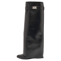 Used Givenchy Black Leather Shark Lock Knee Length Boots Size 36.5