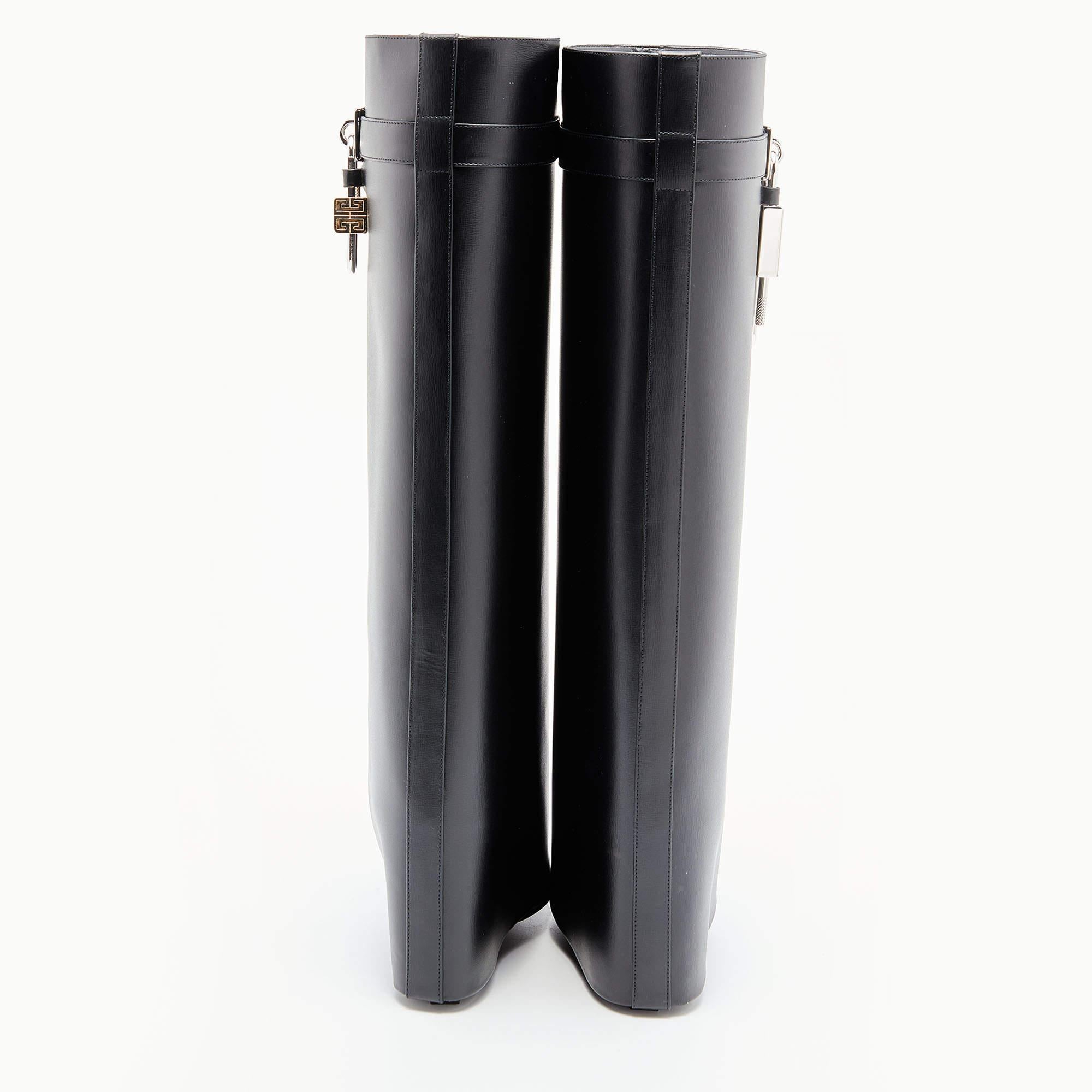 Givenchy Black Leather Shark Lock Knee Length Boots Size 38 In Excellent Condition In Dubai, Al Qouz 2