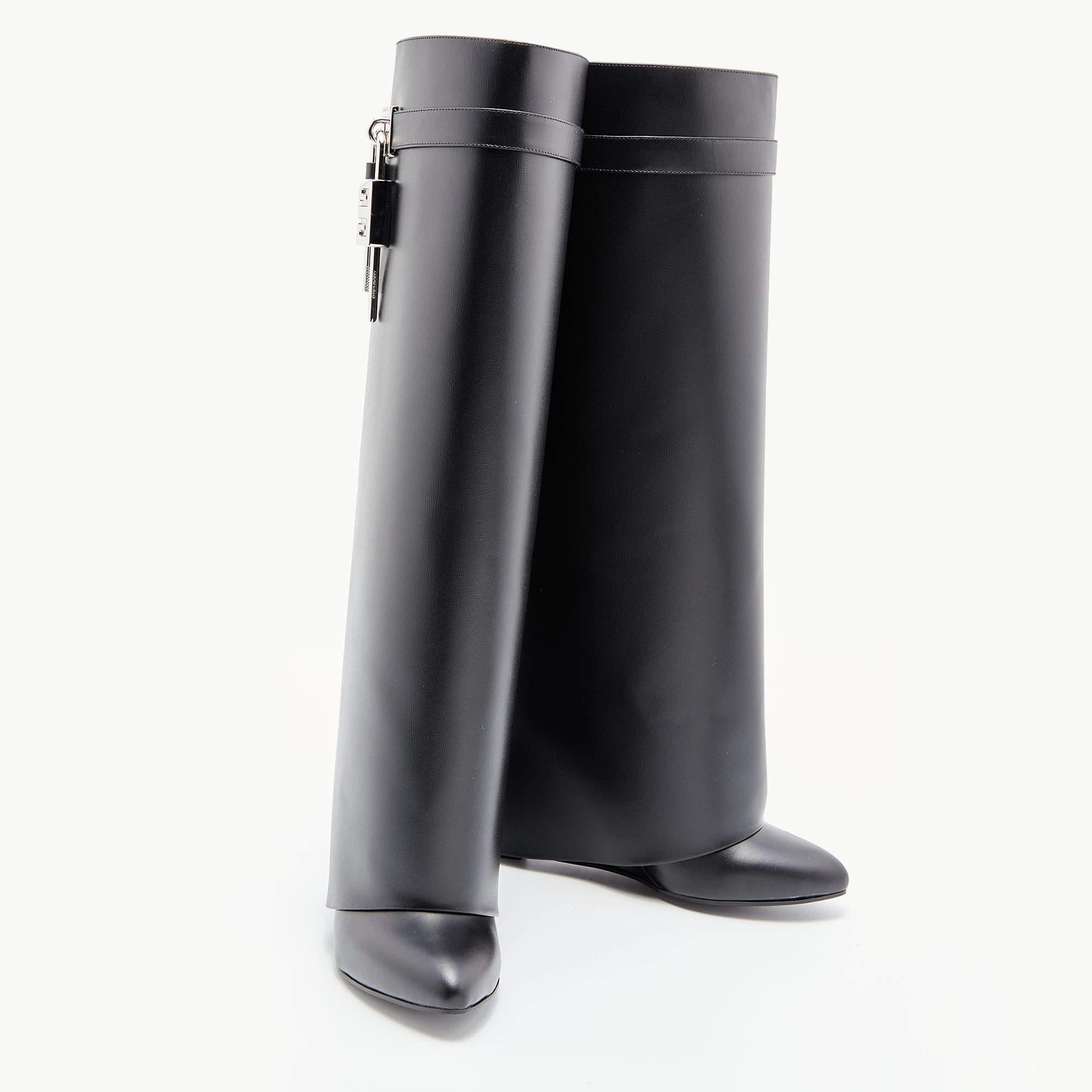 Women's Givenchy Black Leather Shark Lock Knee Length Boots Size 38