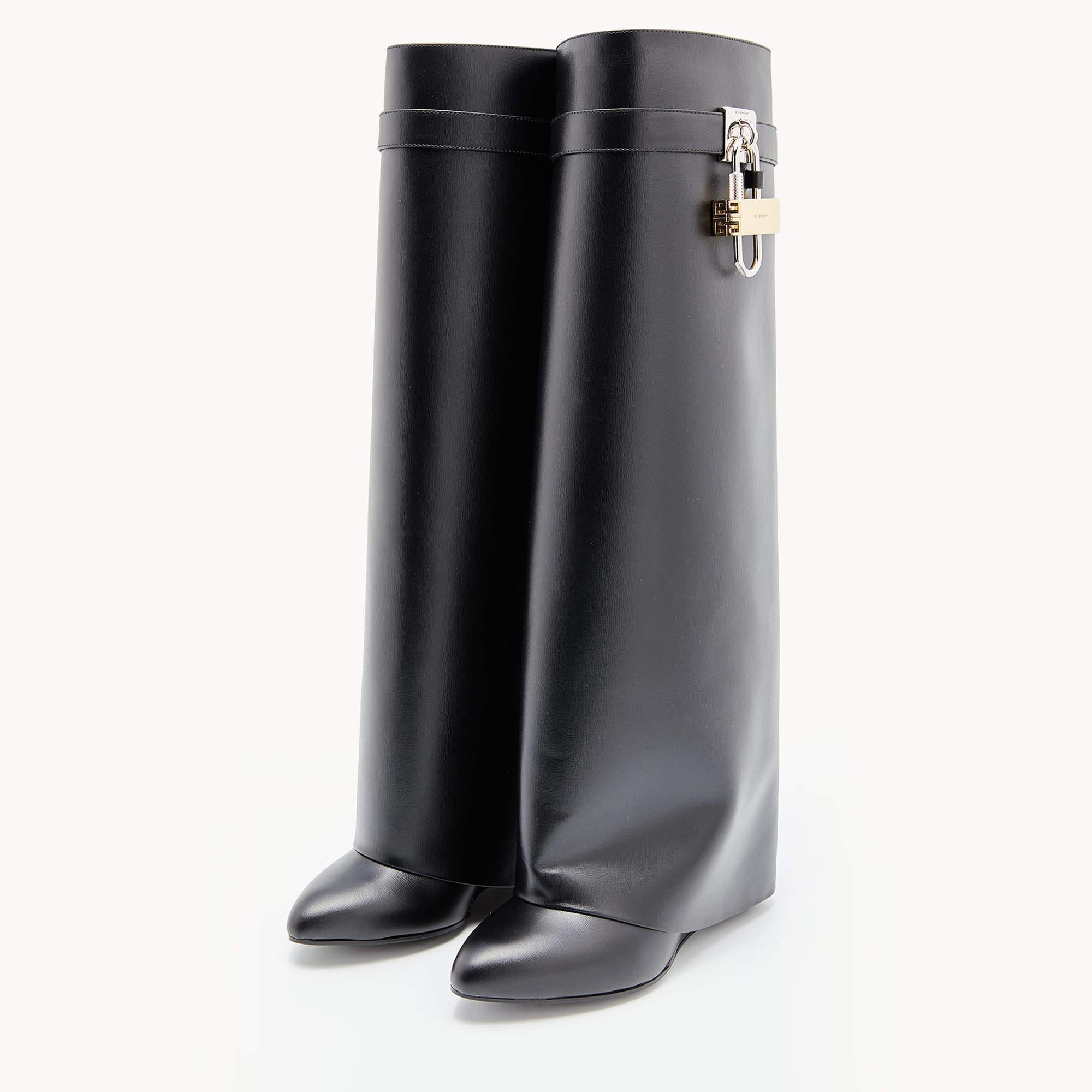 Givenchy Black Leather Shark Lock Knee Length Boots Size 38 3
