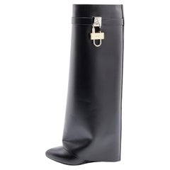 Used Givenchy Black Leather Shark Lock Knee Length Boots Size 38