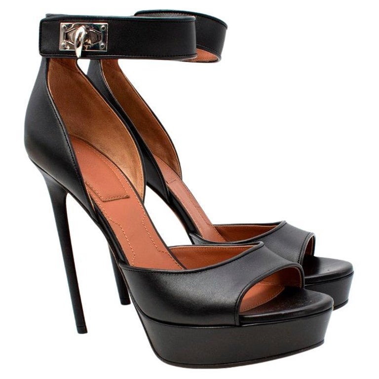 Givenchy Black Leather Shark Tooth Ankle Strap Heeled Sandals For Sale