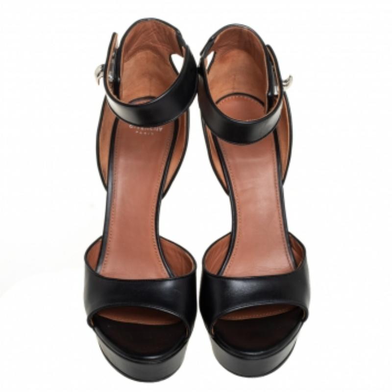 Women's Givenchy Black Leather Shark Tooth Ankle Strap Open Toe Platform Sandals Size 39 For Sale