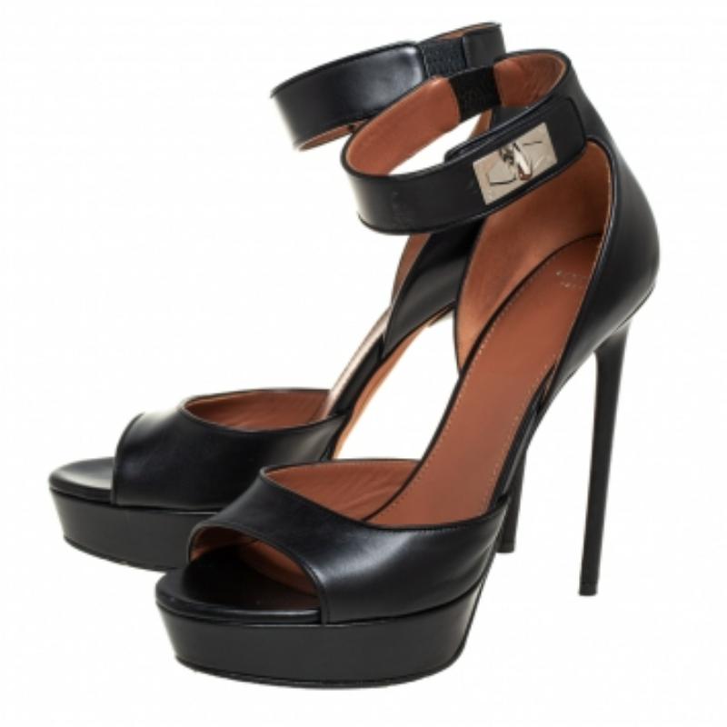 Givenchy Black Leather Shark Tooth Ankle Strap Open Toe Platform Sandals Size 39 For Sale 4