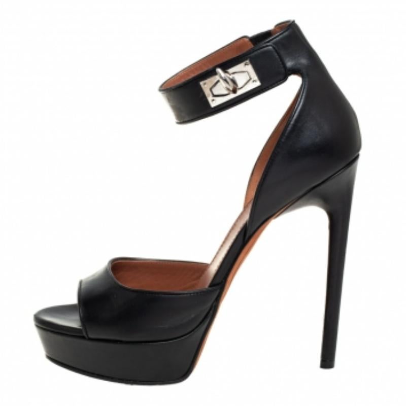 Givenchy Black Leather Shark Tooth Ankle Strap Open Toe Platform Sandals Size 39 For Sale