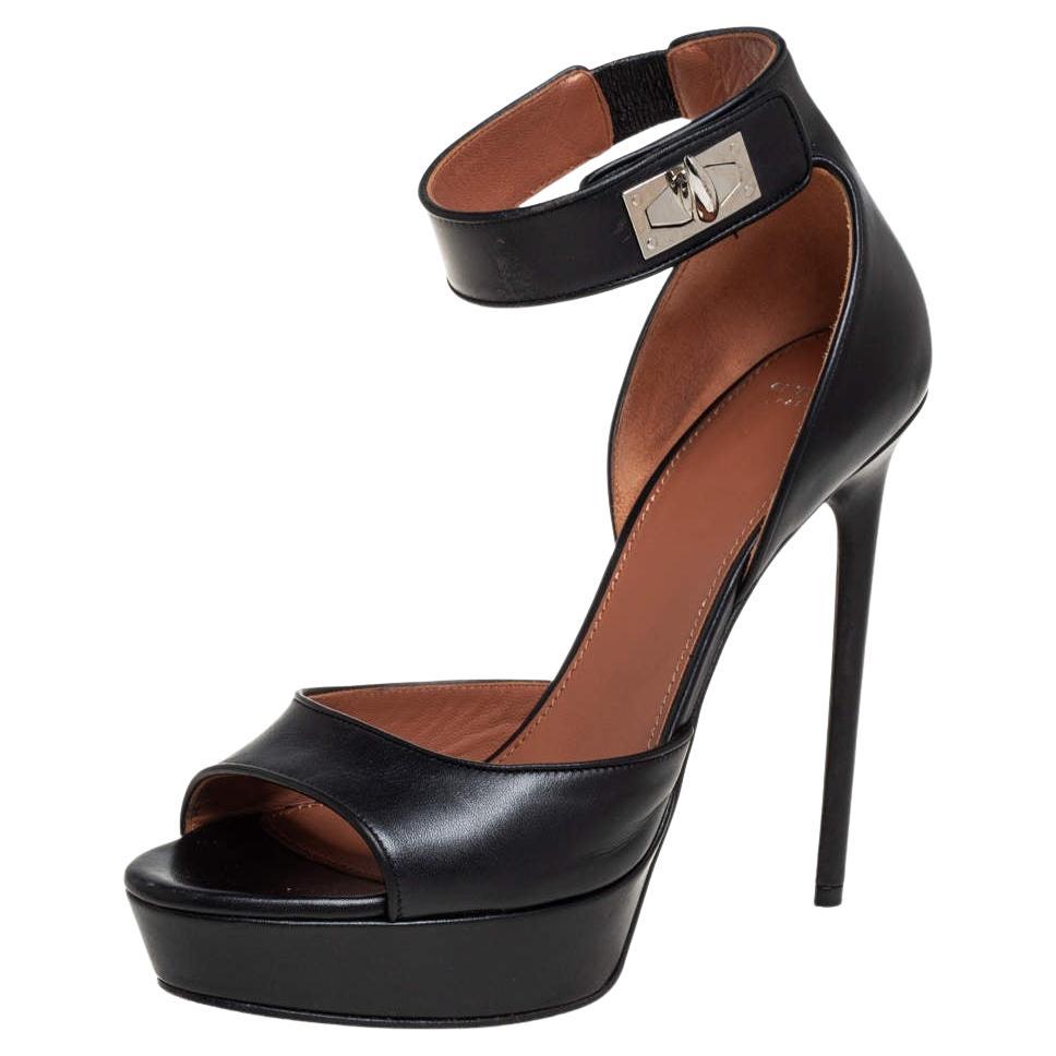 Givenchy Black Leather Shark Tooth Ankle Strap Open Toe Platform Sandals Size 39 For Sale