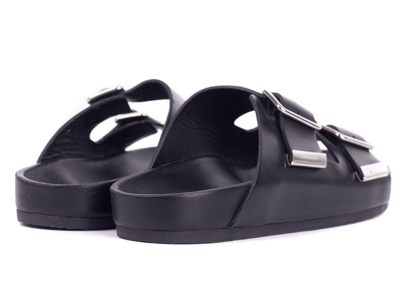 Givenchy Black Leather Silver Accent Swiss Flat Sandals In New Condition For Sale In Brooklyn, NY