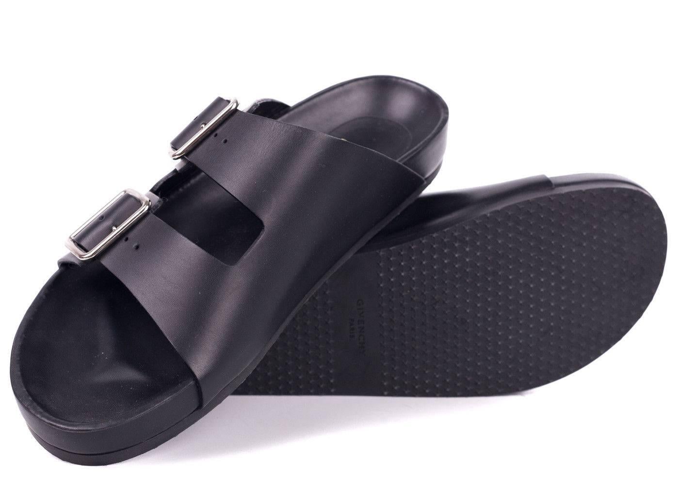 Givenchy Black Leather Silver Accent Swiss Flat Sandals For Sale 1