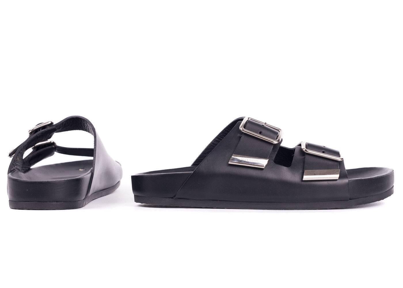 Givenchy Black Leather Silver Accent Swiss Flat Sandals For Sale 2