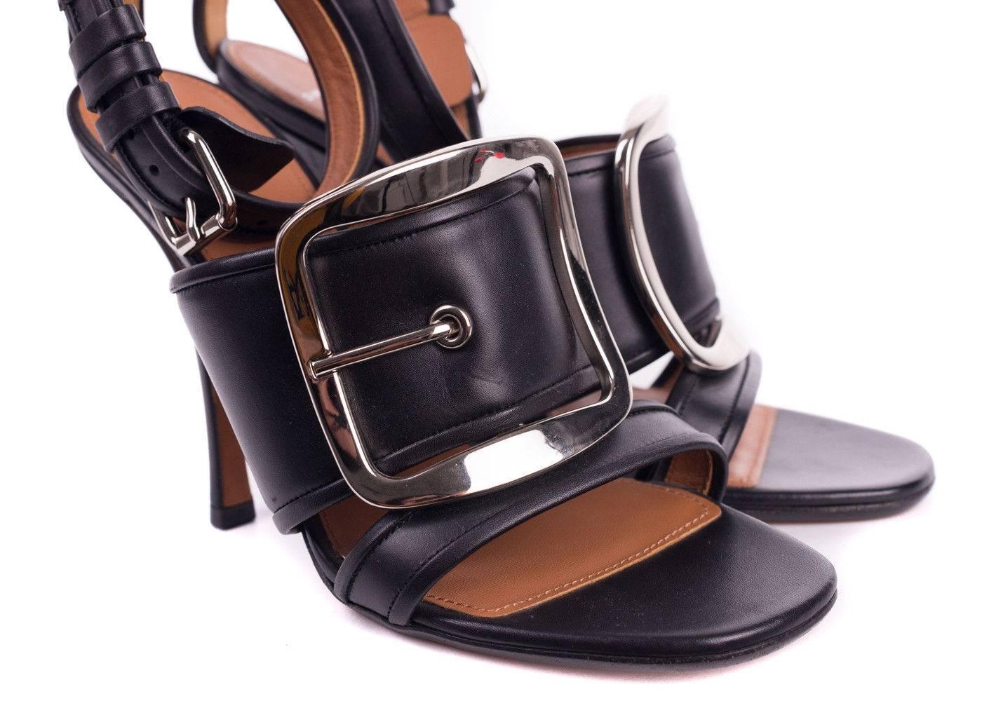 Givenchy Black Leather Silver Buckle Diana Heel Sandals For Sale 1