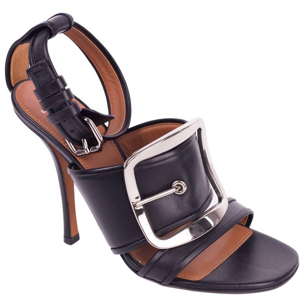 Givenchy Black Leather Silver Buckle Diana Heel Sandals For Sale