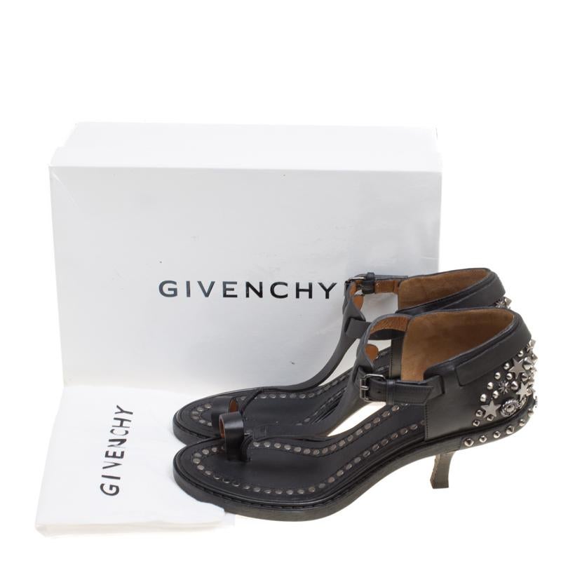 Givenchy Black Leather Stud Embellished Toe Ring T Strap Sandals Size 38 1