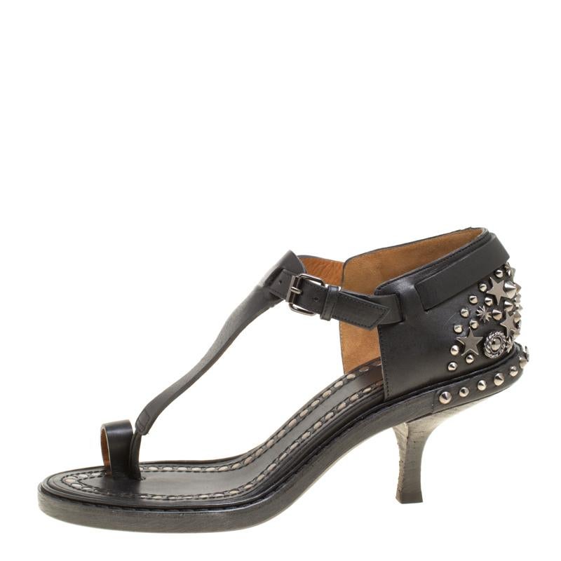 Givenchy Black Leather Stud Embellished Toe Ring T Strap Sandals Size 38 2