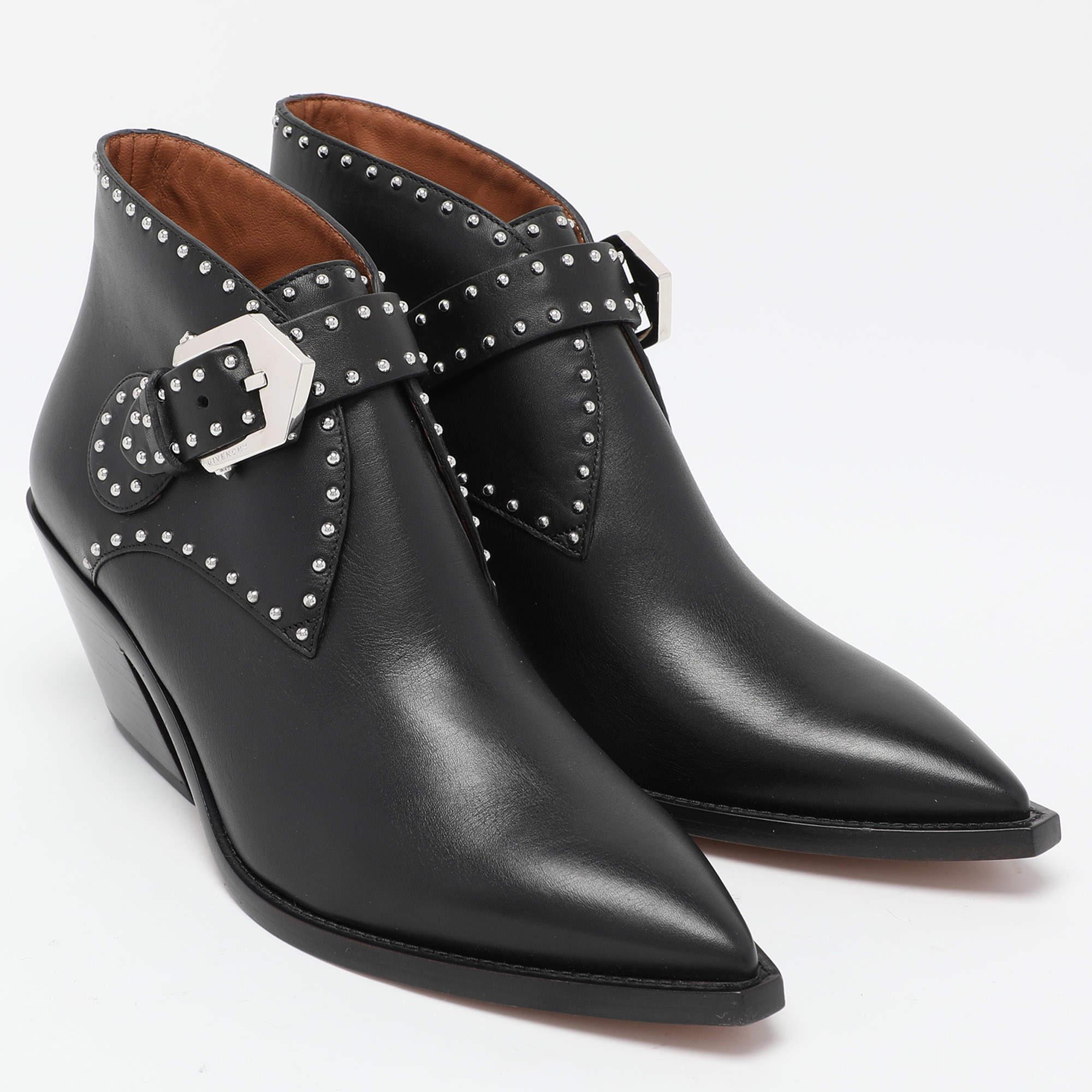 Women's Givenchy Black Leather Studded Accents Western Boots Size 35