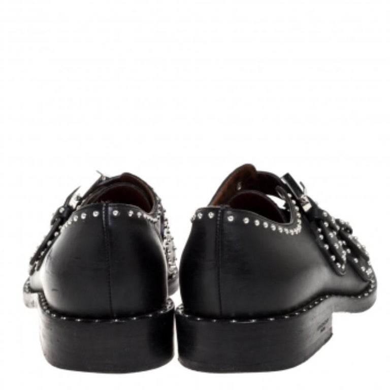 Givenchy Black Leather Studded Double Monk Flats Size 36 at 