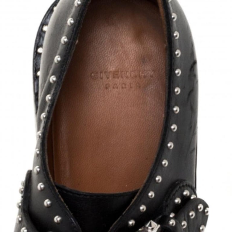 Givenchy Black Leather Studded Double Monk Strap Shoes Givenchy Black Leather Studded Double Monk Flats Size 36 at  main image 2