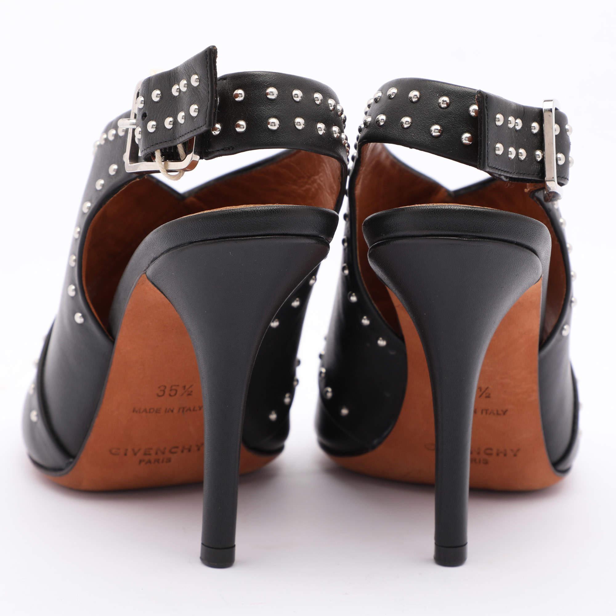 Givenchy Black Leather Studded Peep Toe Slingback Sandals Size 35.5 For Sale 1
