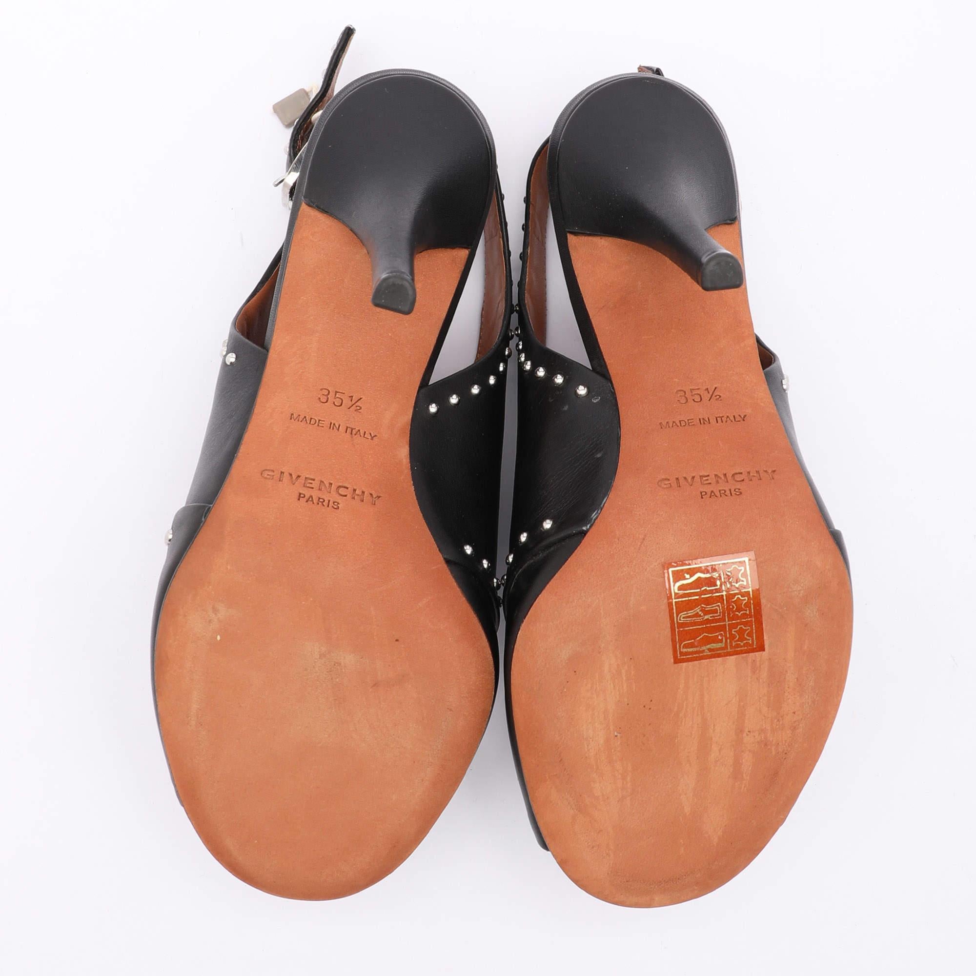 Givenchy Black Leather Studded Peep Toe Slingback Sandals Size 35.5 For Sale 2