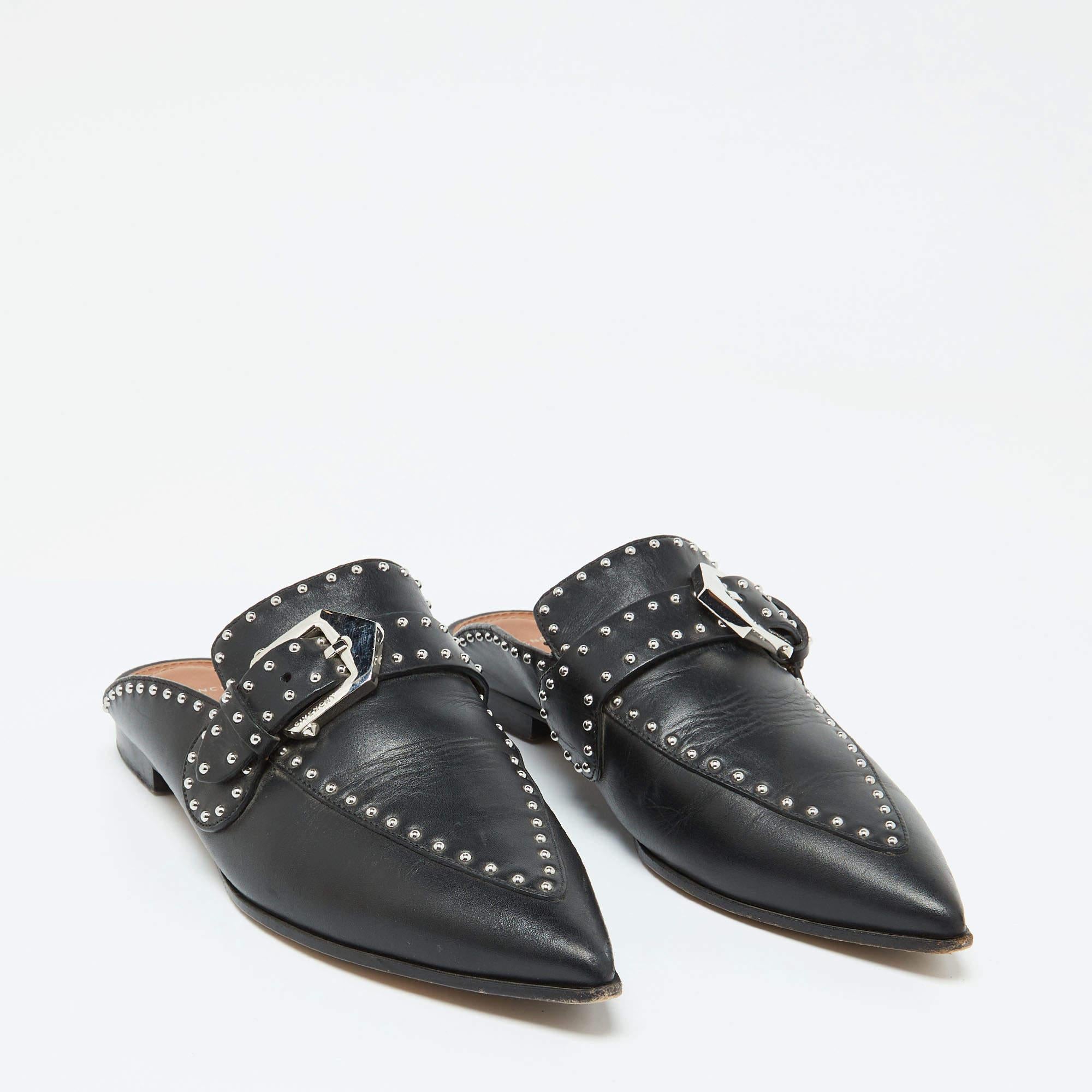Women's Givenchy Black Leather Studded Pointed Toe Loafer Mules Size 36 For Sale