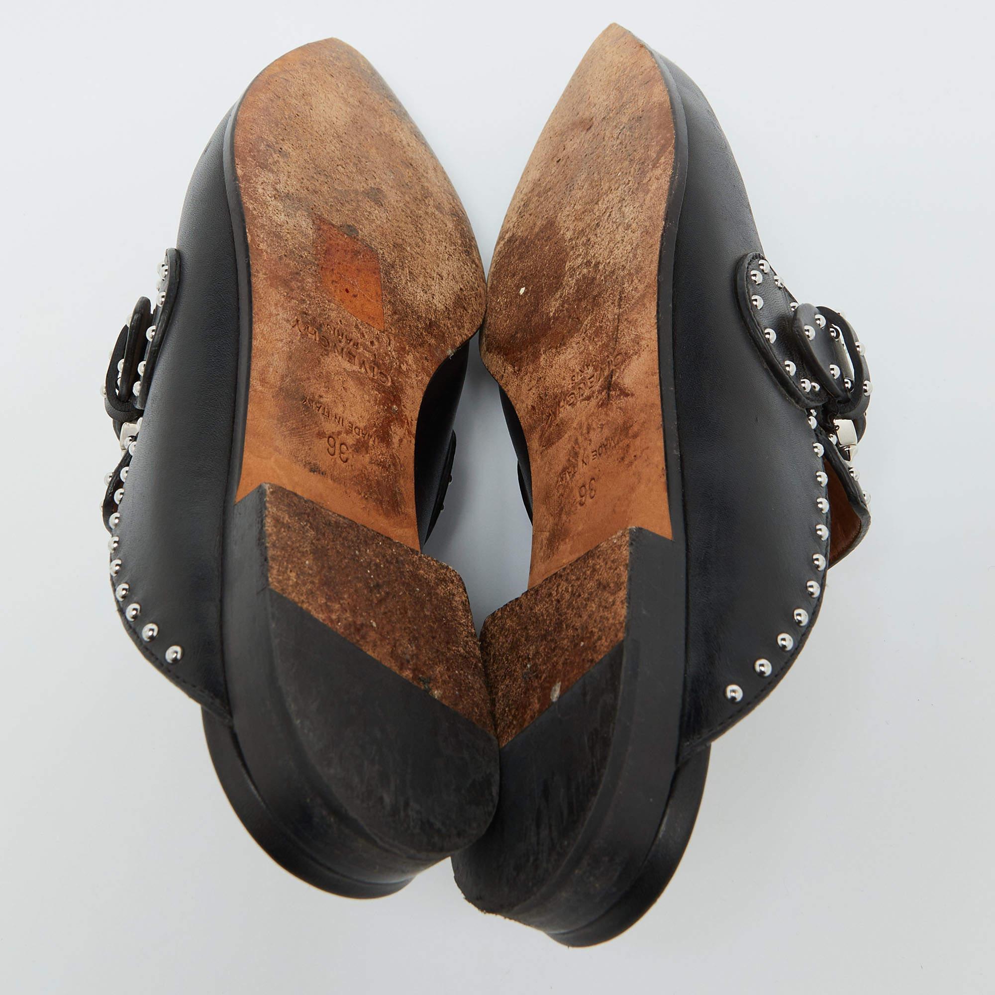 Givenchy Black Leather Studded Pointed Toe Loafer Mules Size 36 For Sale 2