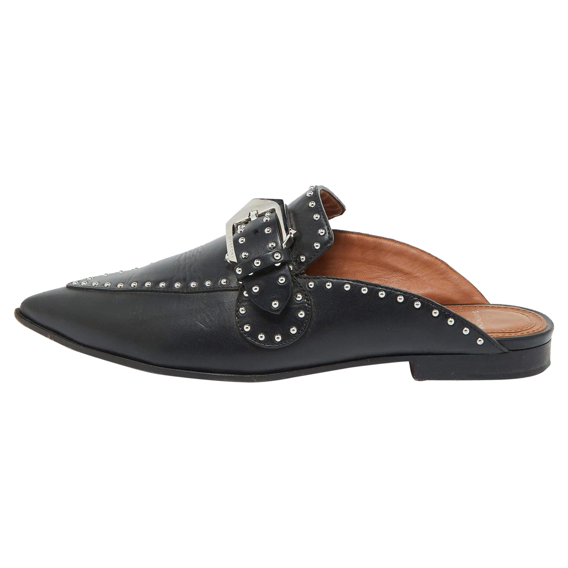 Givenchy Black Leather Studded Pointed Toe Loafer Mules Size 36