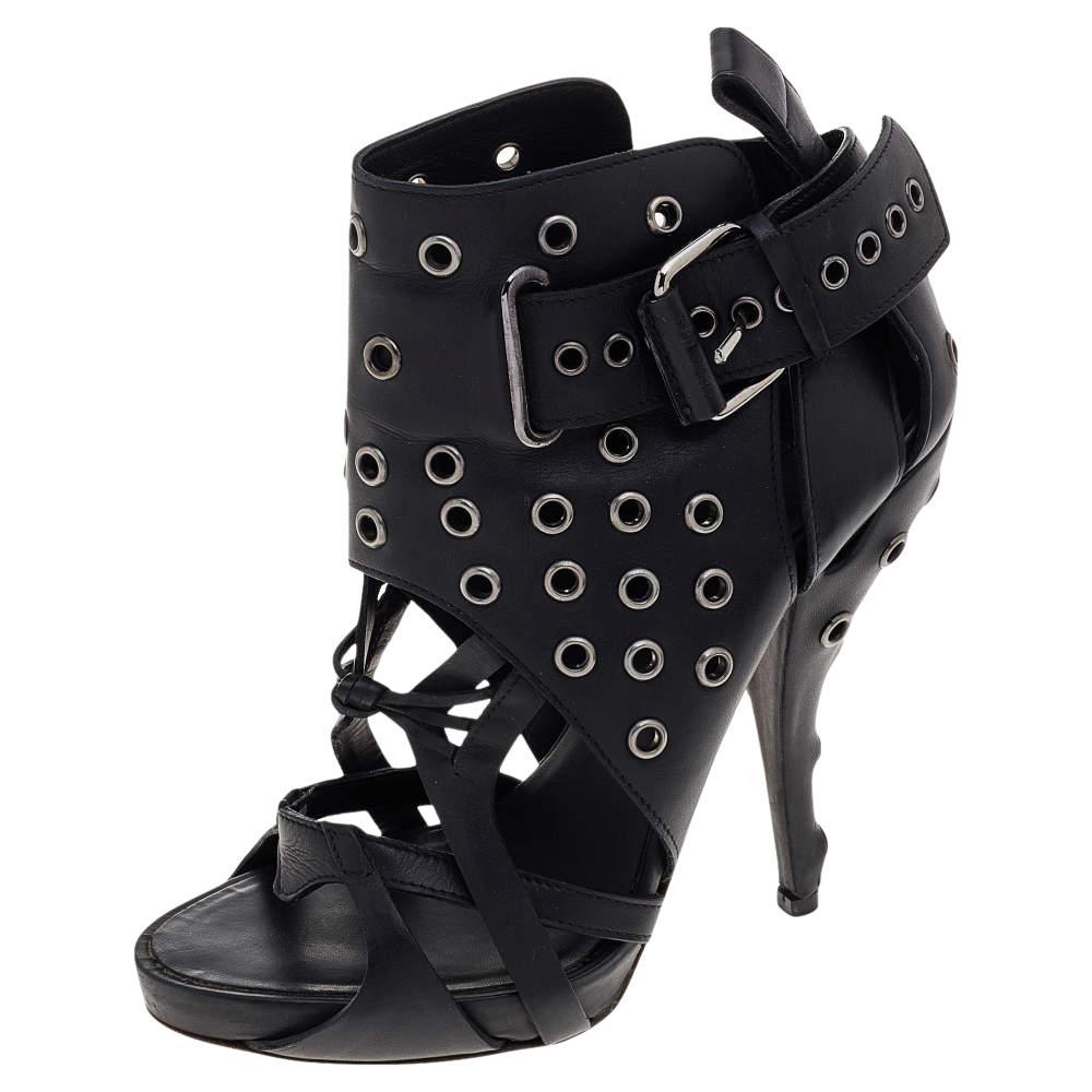 Givenchy Black Leather Studded Strappy Ankle Boots Size 38 For Sale