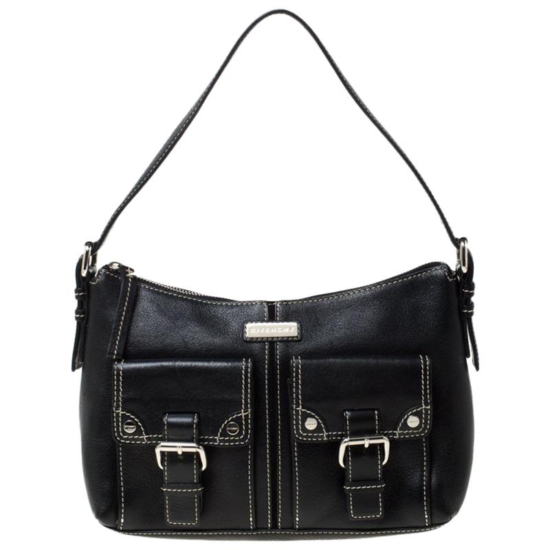 black leather shoulder bag with pockets
