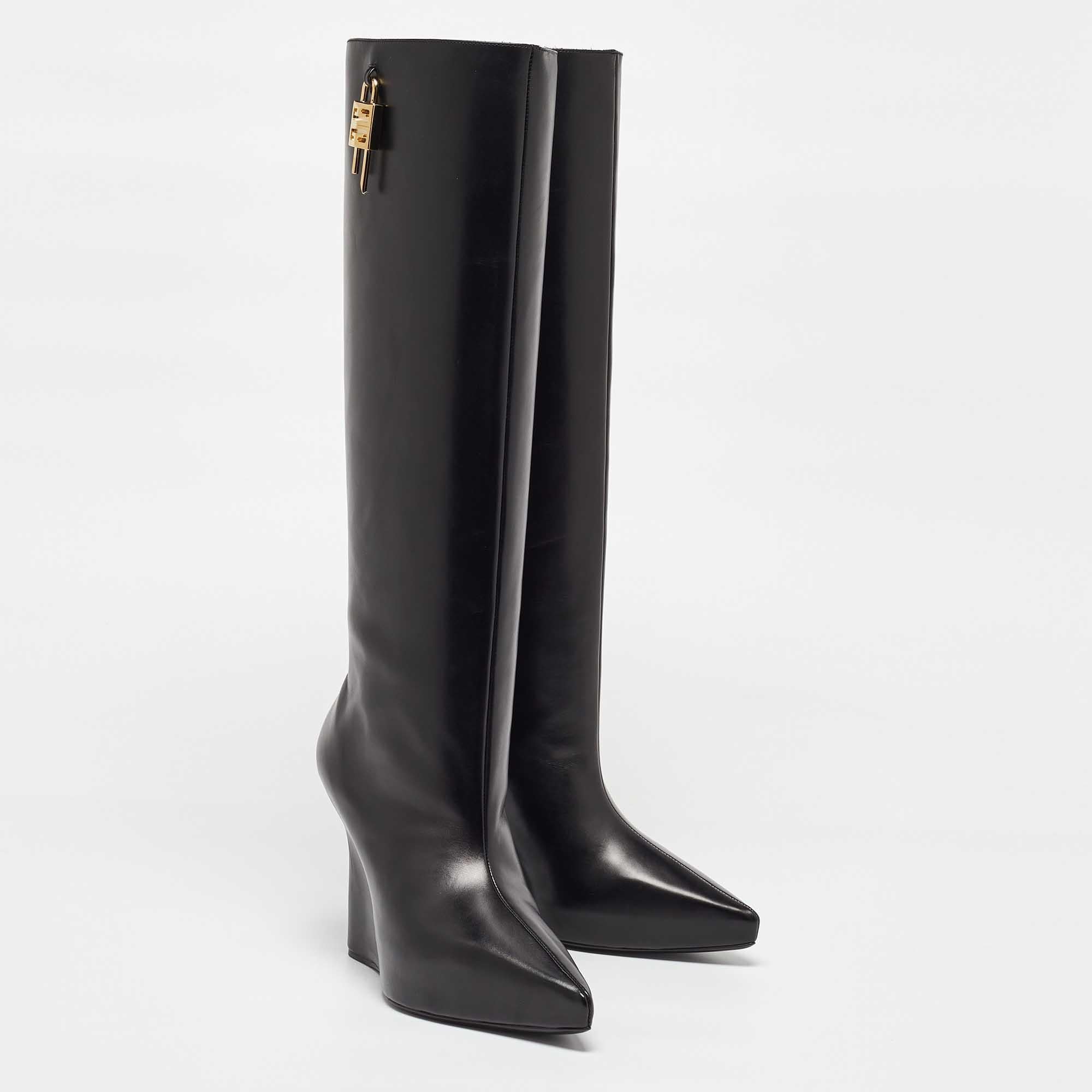 Women's Givenchy Black Leather Wedge Knee Length Boots Size 37 For Sale