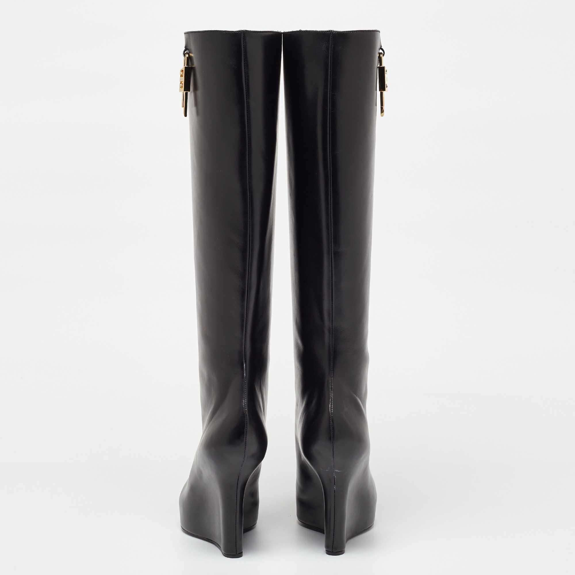 Givenchy Black Leather Wedge Knee Length Boots Size 37 For Sale 1