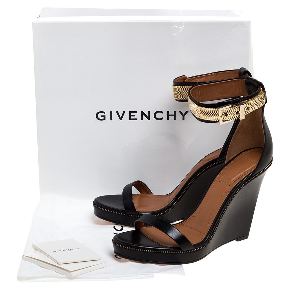 Givenchy Black Leather Zipper Trim Platform Ankle Strap Wedge Sandals Size 40 1