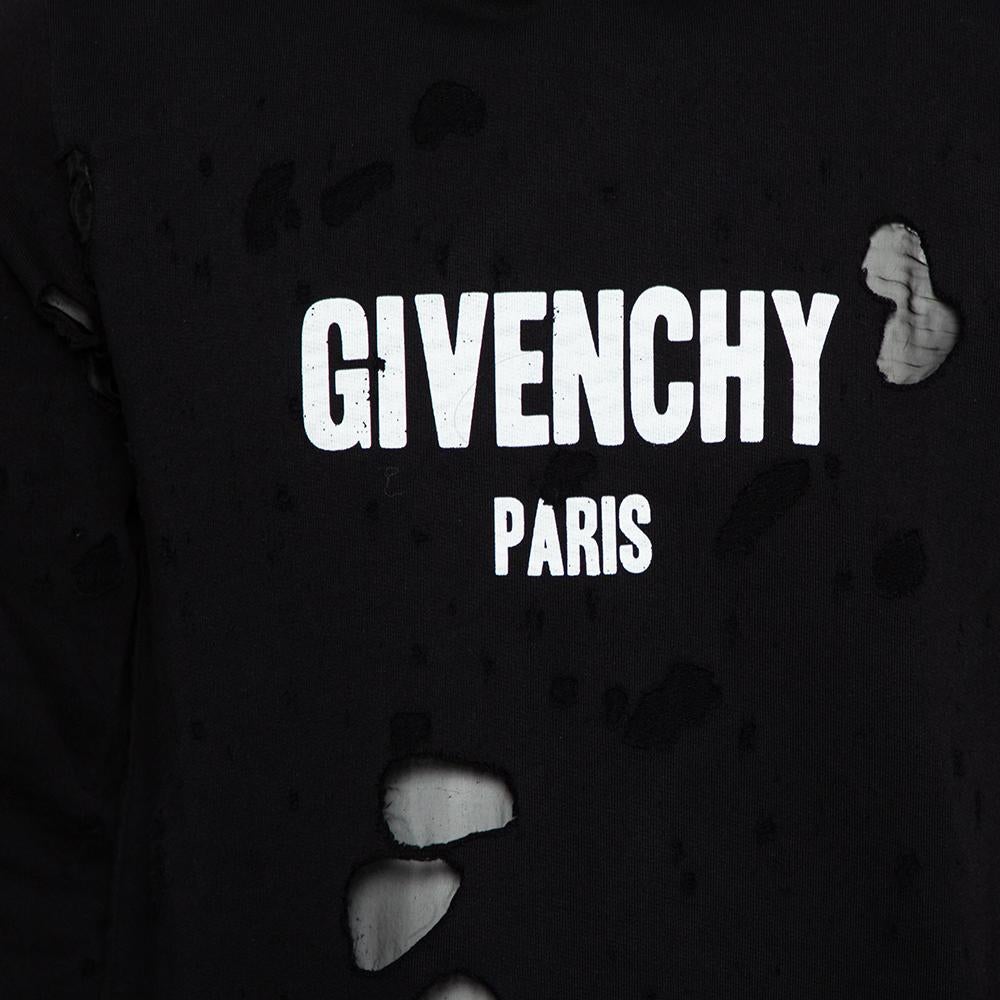 Givenchy Black Logo Print Cotton Distressed Hooded Sweatshirt S In Excellent Condition In Dubai, Al Qouz 2