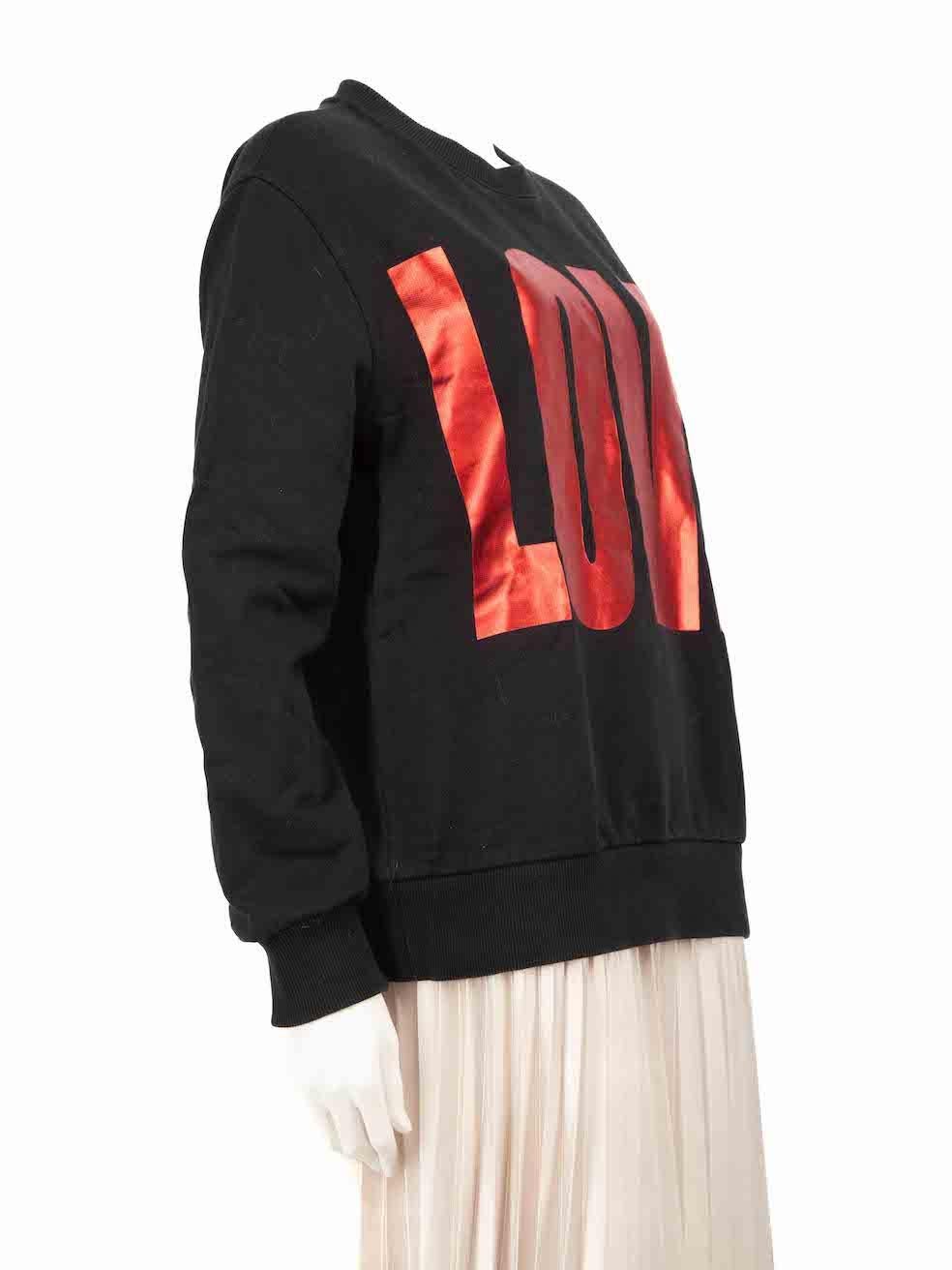 CONDITION is Very good. Minimal wear to the jumper is evident. The brand label is loose on this used Givenchy designer resale item.
 
 
 
 Details
 
 
 Black
 
 Cotton
 
 Sweatshirt
 
 Metallic red 'Love' print
 
 Long sleeves
 
 Round neck
 
