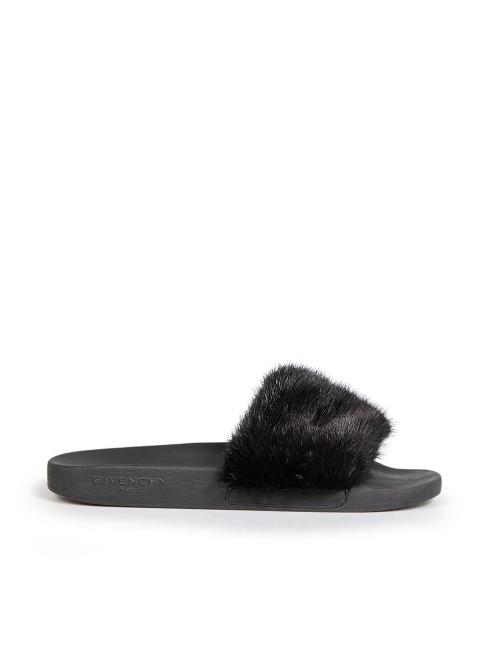 CONDITION is Very good. Minimal wear to sliders is evident. There are abrasions across the soles from use on this used Givenchy designer resale item. Comes with original box.
 

 Details
 

 

 Black
 

 Mink fur and rubber
 

 Slides
 

 Slip on
