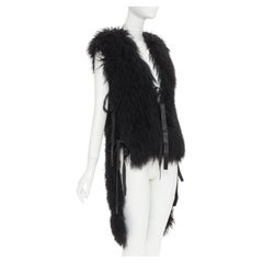 GIVENCHY black Mongolia shearling fur leather ribbon high low vest coat IT36 XXS