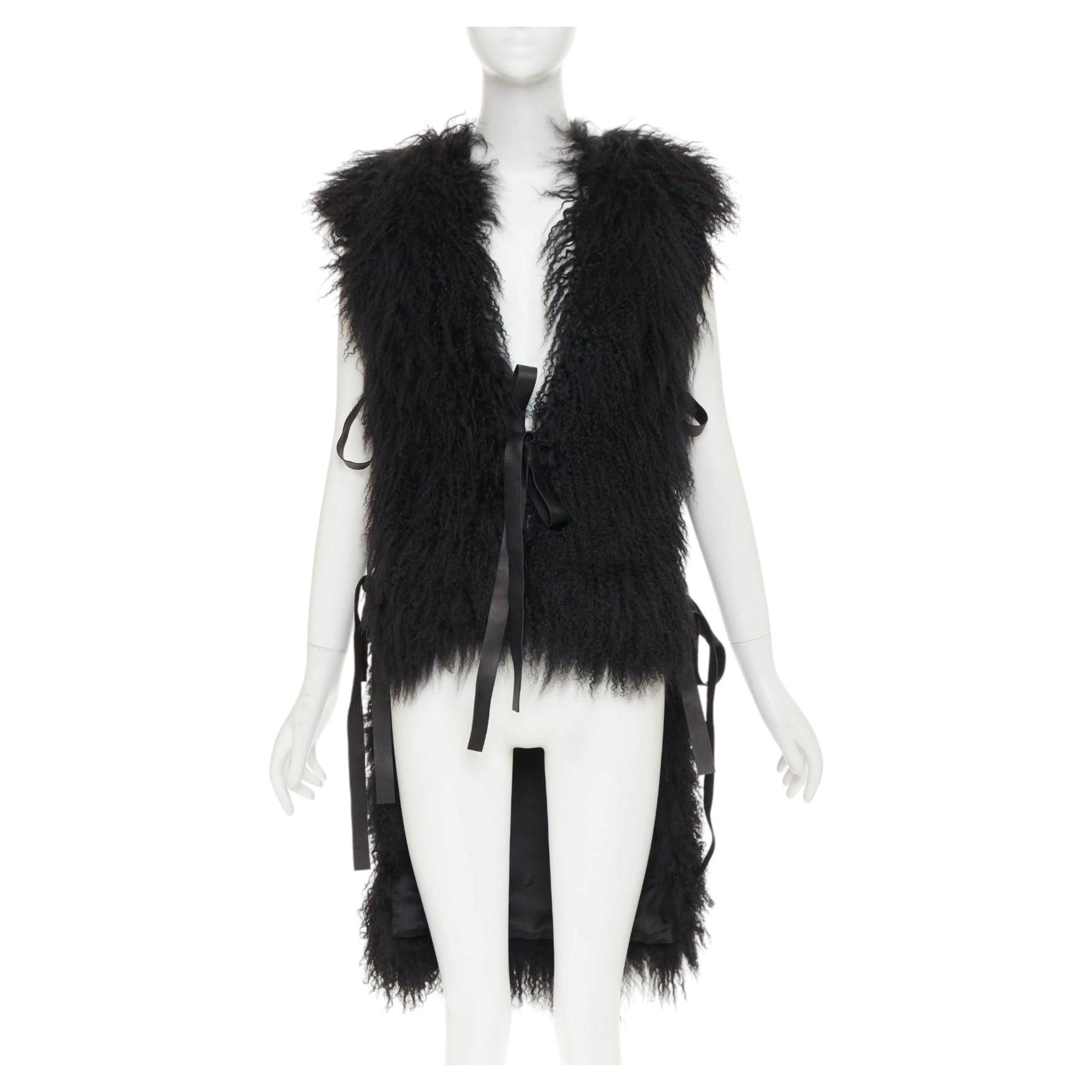 GIVENCHY black Mongolia shearling fur leather ribbon high low vest coat IT36 XXS