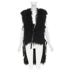 GIVENCHY black Mongolia shearling fur leather ribbon high low vest coat IT36 XXS