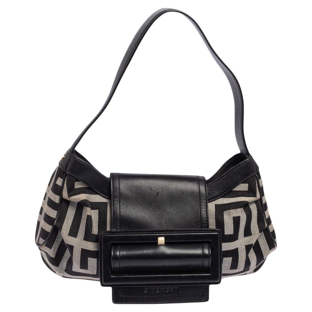 Givenchy Black Monogram Canvas and Leather Buckle Flap Hobo