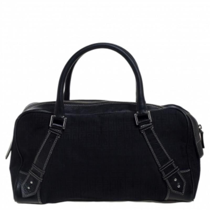 Givenchy Black Monogram Canvas and Leather Zip Satchel In Fair Condition For Sale In Dubai, Al Qouz 2