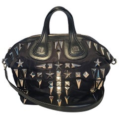 Used Givenchy Black Nylon and Leather Silver Studded Medium Nightingale Tote Bag