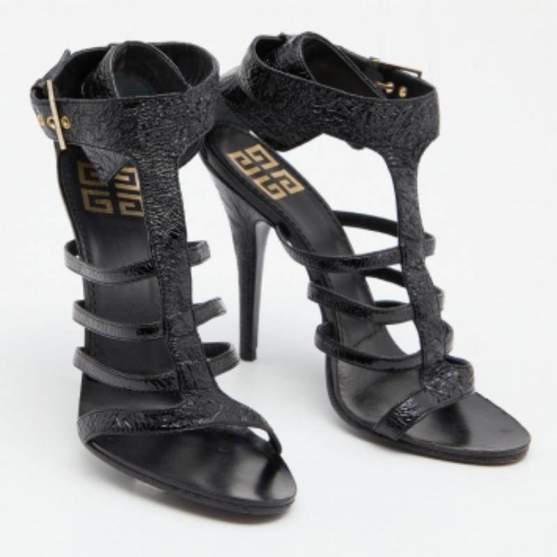 Women's Givenchy Black Patent Leather Caged Open Toe Sandals Size 36.5 For Sale