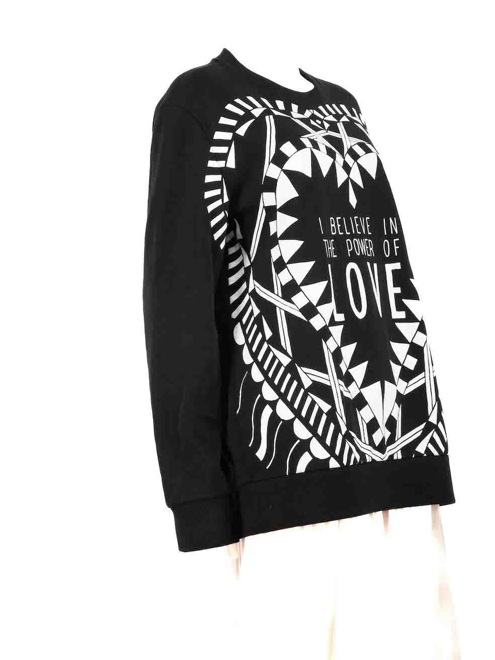CONDITION is Very good. Hardly any visible wear to sweatshirt is evident on this used Givenchy designer resale item.
 
 
 
 Details
 
 
 Black
 
 Cotton
 
 Sweatshirt
 
 Long sleeves
 
 Round neck
 
 Power Of Love front graphic print
 
 
 
 
 
 Made
