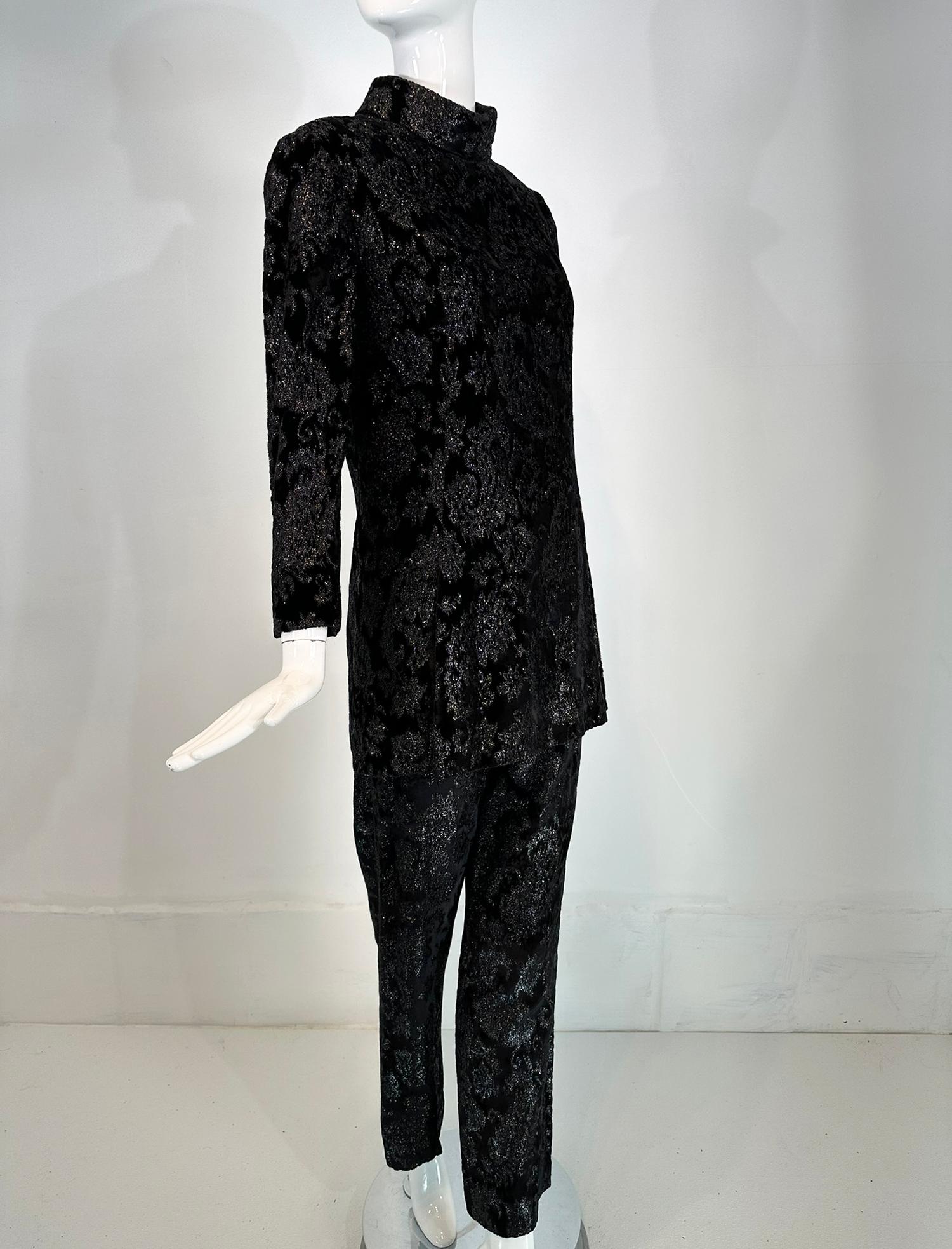 Women's Givenchy Black Princess Seam Glittery Paisley Cut Velvet Tunic & Pant Set 1970s For Sale