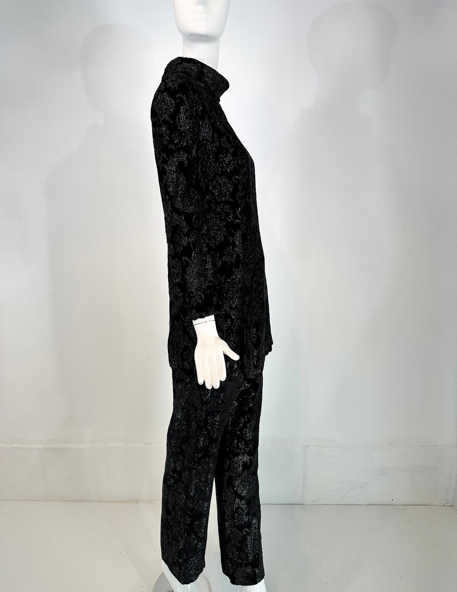 Givenchy Black Princess Seam Glittery Paisley Cut Velvet Tunic & Pant Set 1970s For Sale 1