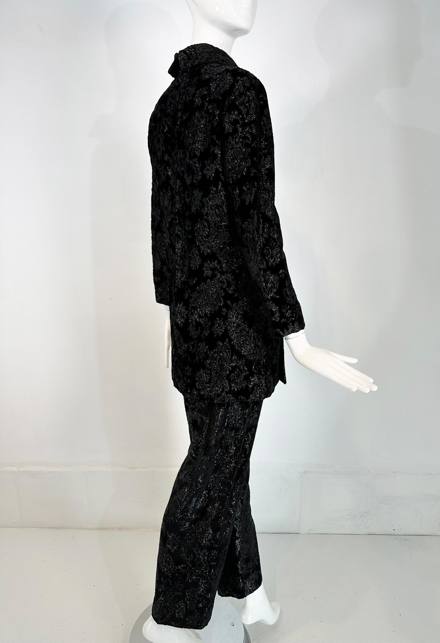 Givenchy Black Princess Seam Glittery Paisley Cut Velvet Tunic & Pant Set 1970s For Sale 2
